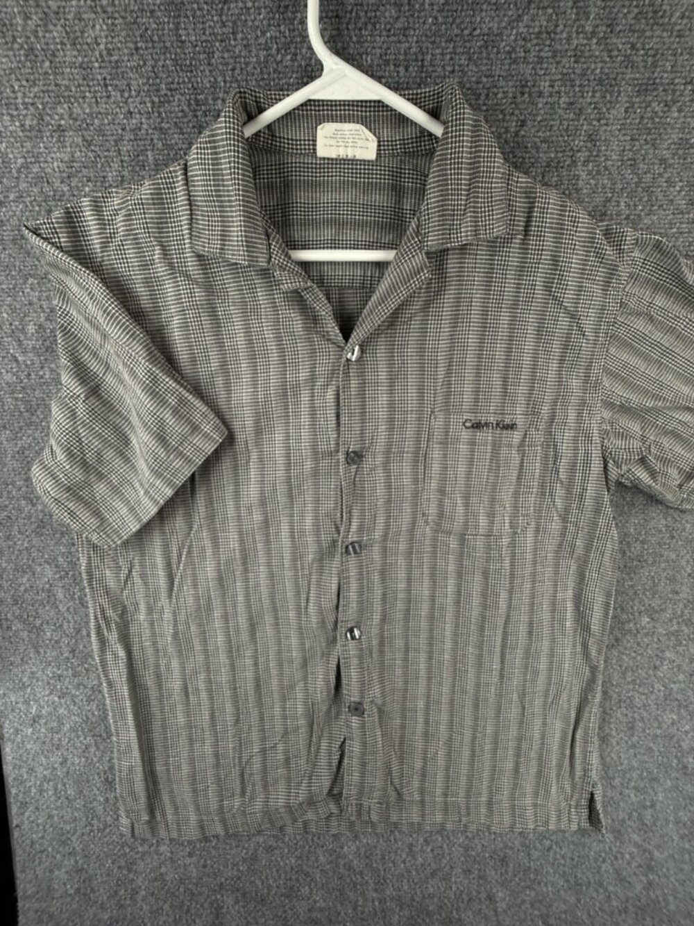Calvin Klein Short Sleeve Button Up Shirt Plaid Gray Black White Medium Cotton